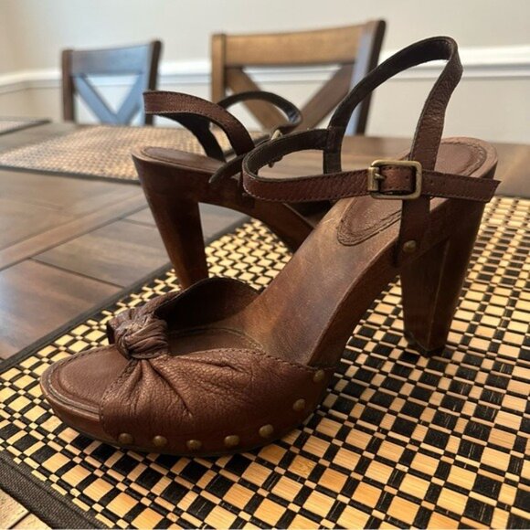 Banana Republic Brown Leather Wooden Platform Heels Sandals Women’s Size 8 - Picture 2 of 13
